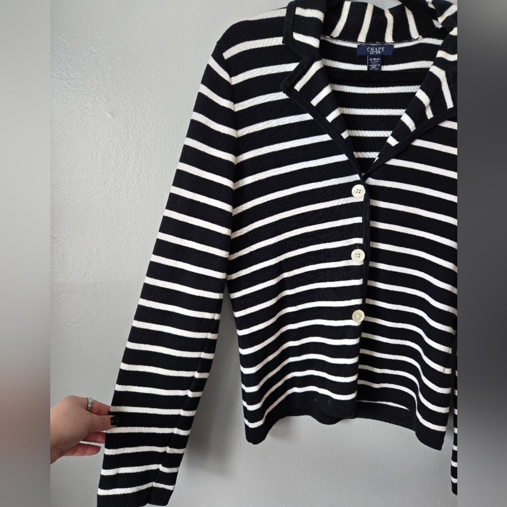 Chaps 100% Cotton Nautical Black & White Striped Cardigan Sweater Size XL - Picture 2 of 5
